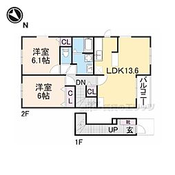 JR東海道・山陽本線 稲枝駅 徒歩6分の賃貸アパート 2階2LDKの間取り