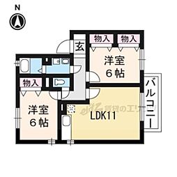 JR東海道・山陽本線 向日町駅 徒歩24分の賃貸アパート 1階2LDKの間取り