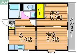 JR津山線 法界院駅 4.8kmの賃貸マンション 2階2Kの間取り