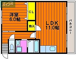 JR津山線 法界院駅 徒歩37分の賃貸マンション 2階1LDKの間取り