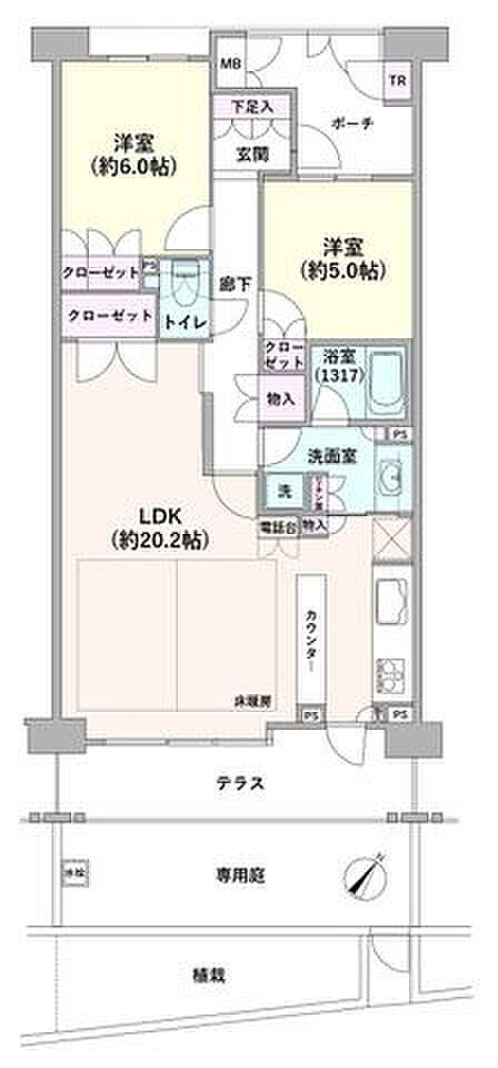 2LDK、専有面積71.91m2、専用庭面積13.24m2、テラス面積9.13m2、ポーチ面積5.89m2