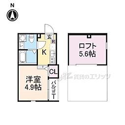 京阪宇治線 観月橋駅 徒歩4分の賃貸アパート 2階1Kの間取り