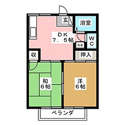 プレジールアズマ　Ｂ棟 2階2DKの間取り