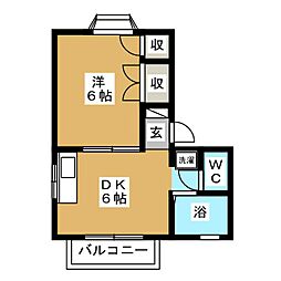 リバーヒルズ若里 2階1DKの間取り