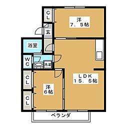 セジュール・喜　Ａ 1階2LDKの間取り