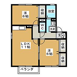 アムール宮沖　Ａ棟 2階2LDKの間取り