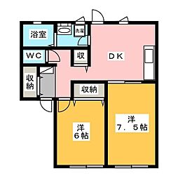 ホワイトバーチ原 1階2DKの間取り
