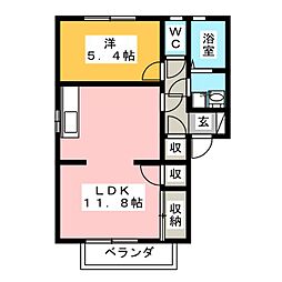 フレグランス一由　Ａ棟 2階1LDKの間取り