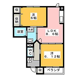 リバーウィンド城南A 2DKの間取図画像
