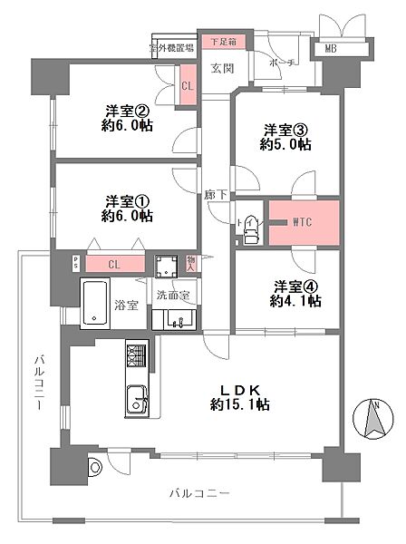 南西角部屋の2面(南・西)バルコニーにつき、陽当り・通風大変良好です。水廻り全て新調でフローリング・クロスも張替等のフルリフォーム済みで、室内新築みたいにピッカピカです。