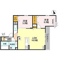 グリューネ塚口本町 3階2LDKの間取り