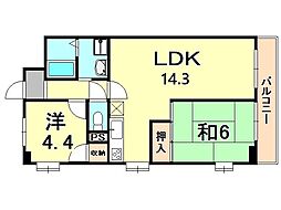 ピルティー本山 4階2LDKの間取り