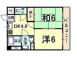 セシル富松 3階2DKの間取り