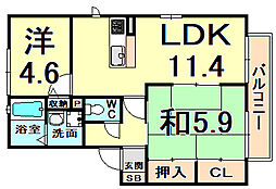 ユー・ハイツ口 2階2LDKの間取り