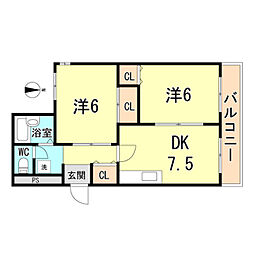 ハイライフひばりケ丘 2DKの間取図画像