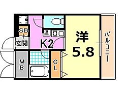 アスティオス湊川 1Kの間取図画像
