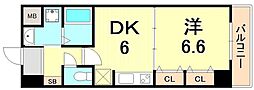 プレジール三ノ宮2 1DKの間取図画像