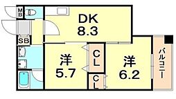 ドルチェヴィータ新神戸 2DKの間取図画像