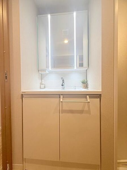 鏡面裏が収納となっており小物もすっきりと収納できる洗面台