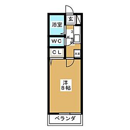 グレースパピヨン 2階1Kの間取り