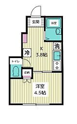 東急目黒線 洗足駅 徒歩15分の賃貸アパート 2階1Kの間取り