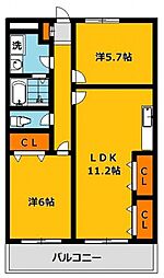 ベルフォーレA 4階2LDKの間取り