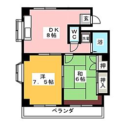 リバーハイム711 4階2DKの間取り