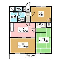 プリベールカデット十日市場 3階3DKの間取り