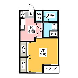タウンフラットIII 1階1Kの間取り