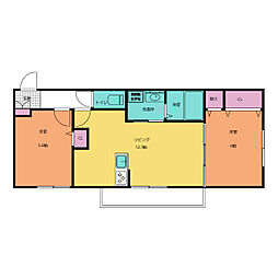 D−ROOM江木 2階2LDKの間取り