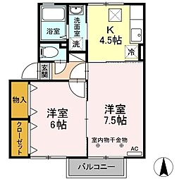 レフィナード 1階2Kの間取り