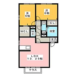 アンベリールB 1階2LDKの間取り