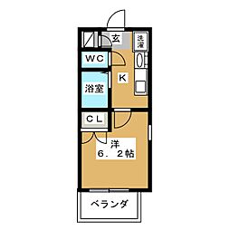 パルティール城西 2階1Kの間取り