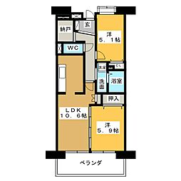 アーバンドエル庄内通 5階2LDKの間取り