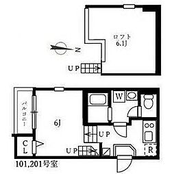 ハーモニーテラス佐古前町II 2階1Kの間取り