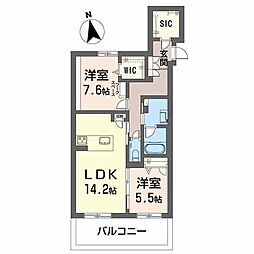 シエル 1階2LDKの間取り