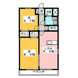 アウラガーデンＢ棟 2階2LDKの間取り
