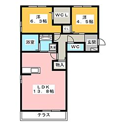 セレーノ古新 1階2LDKの間取り