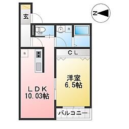 リヴェール神郷 1LDKの間取図画像