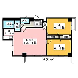 プロシード新瑞橋 4階2LDKの間取り
