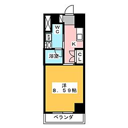 フローラ供米田 3階1Kの間取り