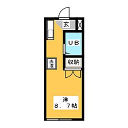 ハイツスリーエムＮ棟 1階ワンルームの間取り
