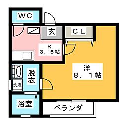 クレフラスト大同Ａ棟 2階1Kの間取り