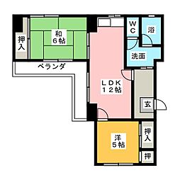 第6サンハイツ野辺 2LDKの間取図画像