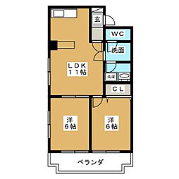 プリンセス瓦町 2階2LDKの間取り