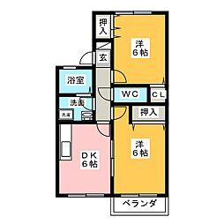 アミティ植田Ａ棟 2階2DKの間取り