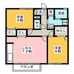 サンエスト植田B 2LDKの間取図画像