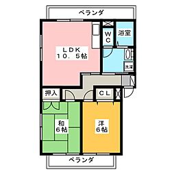 プレステージ忠興 Ｂ 2階2LDKの間取り