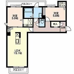 プリュネ向山 2LDKの間取図画像