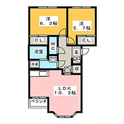 カーザ浅野 2LDKの間取図画像